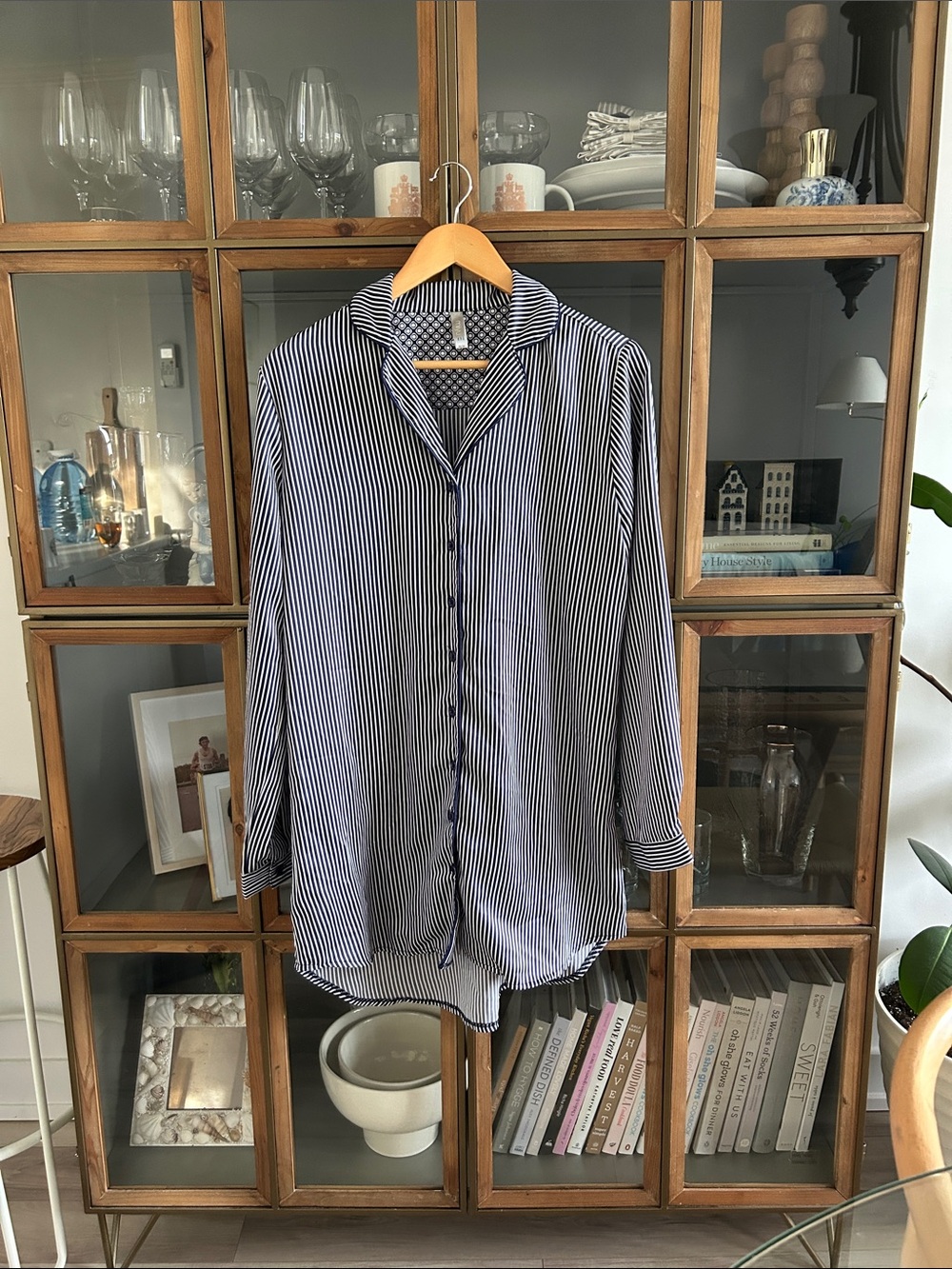 Miiyu Women’s Navy & White Striped Button-Up Sleeping Blouse Pyjama